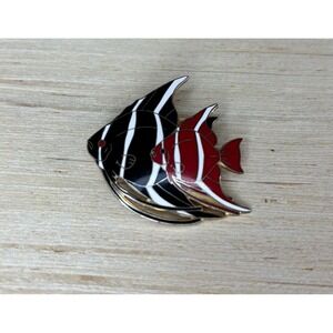 Angelfish Gold Toned Red & Black Striped Double Fish Lapel Clothing Brooch Pin